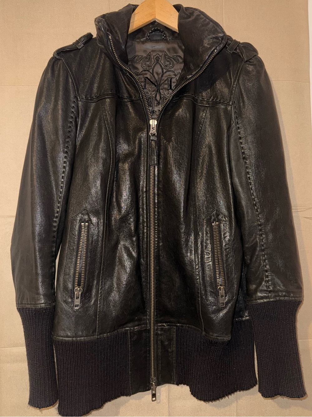 Mackage Black Leather Zip-Up Jacket with Rib Trim